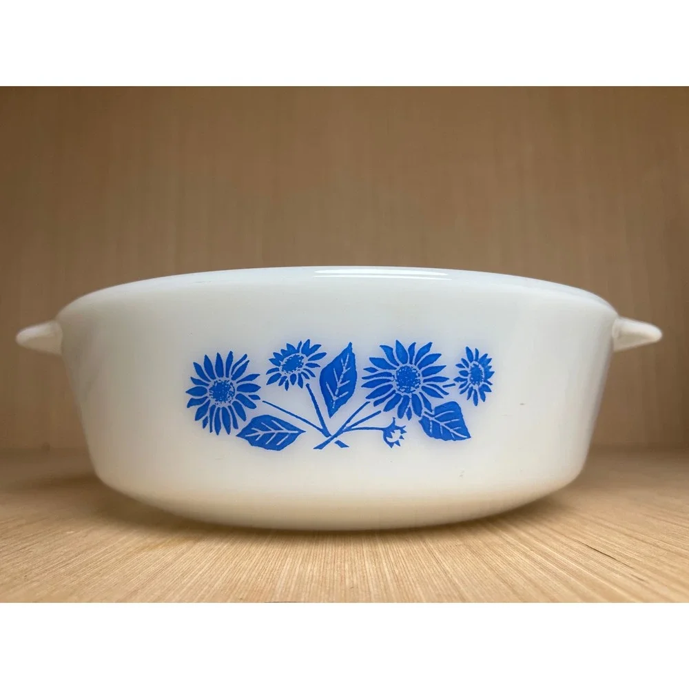Vintage Anchor Hocking Fire-King Blue Floral Milk Glass Dish 438 Oven Proof MCM